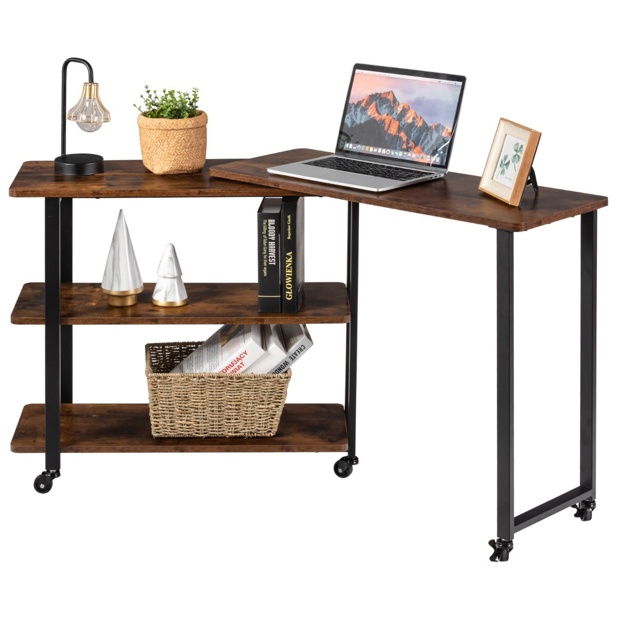 LIVSK Hoektafel met Beweegbare Plank - Stevig MDF met Stalen Frame - Vintage Industrieel - Verplaatsbaar met Wielen - Rustiek