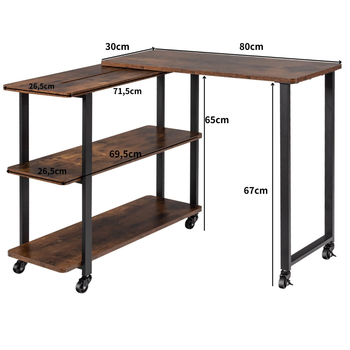 LIVSK Hoektafel met Beweegbare Plank - Stevig MDF met Stalen Frame - Vintage Industrieel - Verplaatsbaar met Wielen - Rustiek