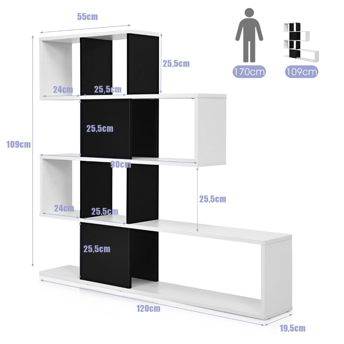 LIVSK Decoratieve Ladder Boekenkast - 5 Grote Planken - Stevig Houten Frame - Anti-kantelmechanisme - Zwart & Wit