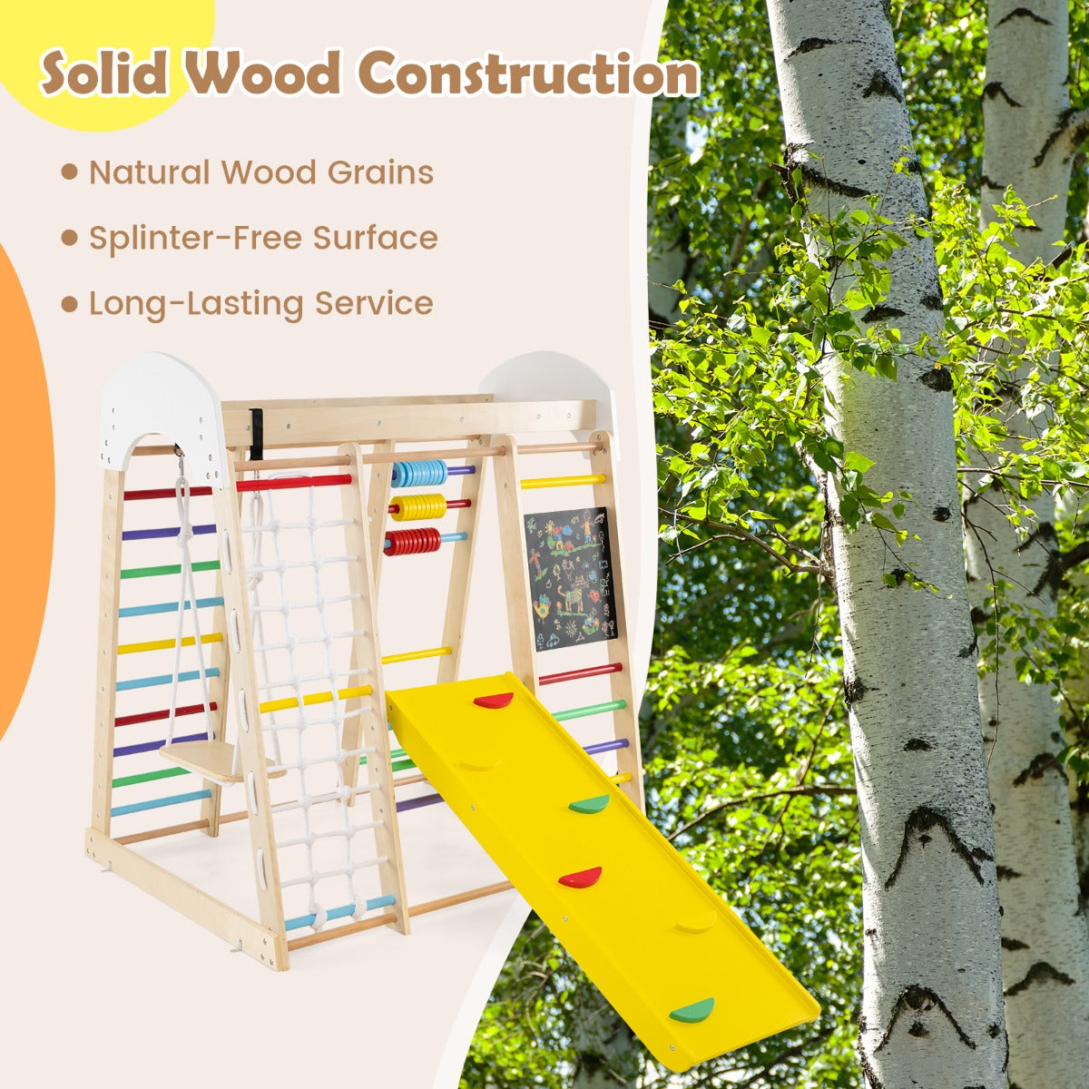 LIVSK 8-in-1 Klimcentrum voor Kleuters - Glijbaan, Klimrots, Evenwichtsbalken - Tot 50 kg - Veilig en Duurzaam - Natuurlijk