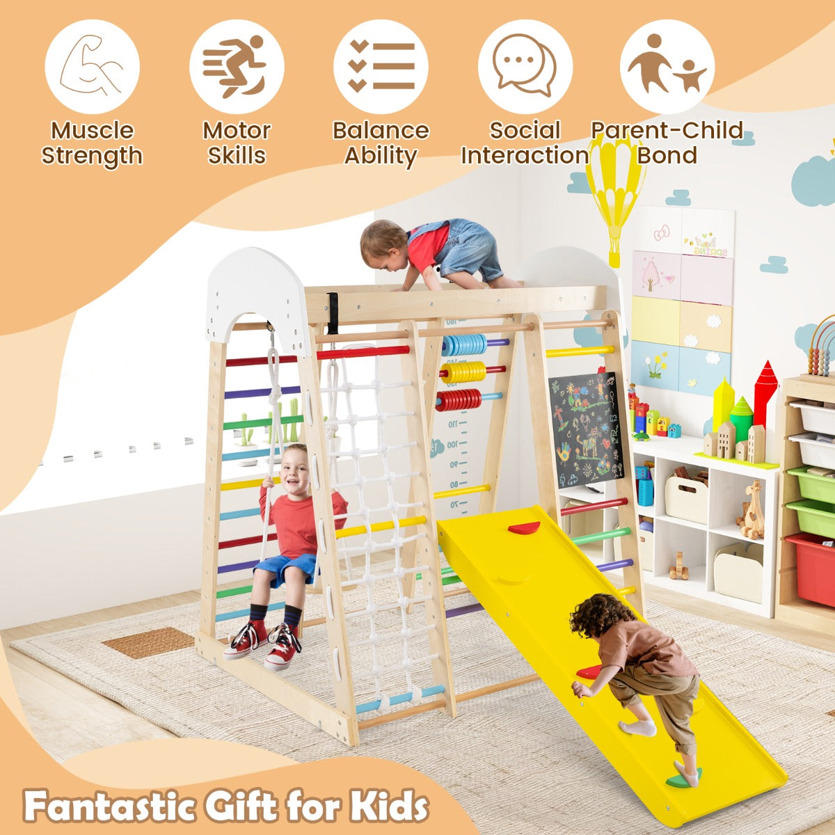 LIVSK 8-in-1 Klimcentrum voor Kleuters - Glijbaan, Klimrots, Evenwichtsbalken - Tot 50 kg - Veilig en Duurzaam - Natuurlijk