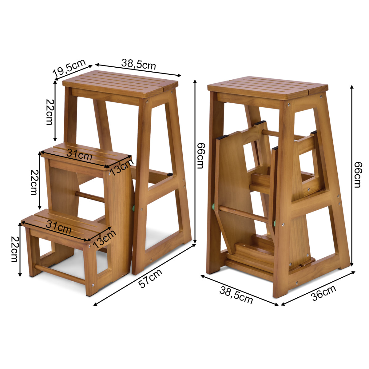 LIVSK Opvouwbare Opstapkruk - Massief Geolied Grenenhout - 3 Brede Treden - Ruimtebesparend - Comfortabel - 57 x 38 x 66 cm -