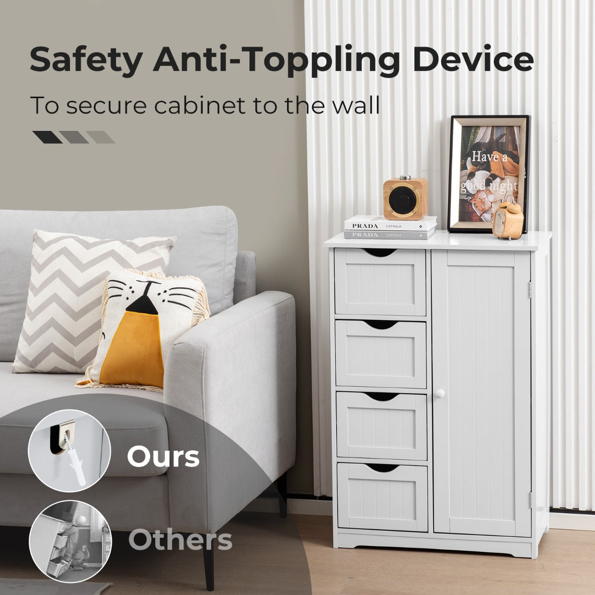 LIVSK Verstelbare Badkamerkast - Vrijstaand met 4 Lades en Ruim Blad - Duurzaam MDF - Tot 65 kg - Wit