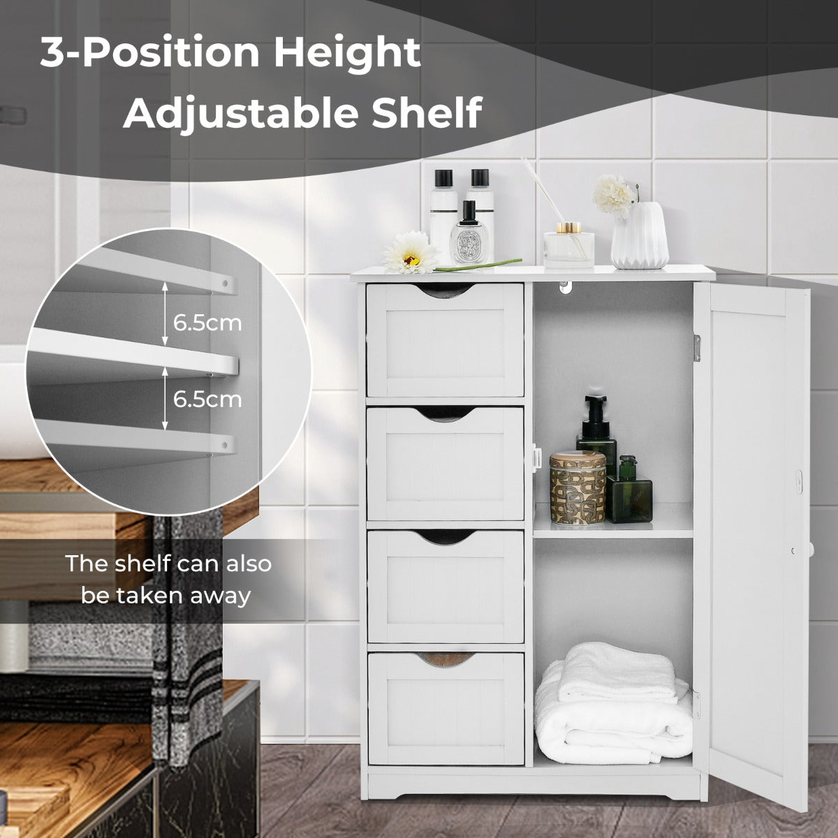 LIVSK Verstelbare Badkamerkast - Vrijstaand met 4 Lades en Ruim Blad - Duurzaam MDF - Tot 65 kg - Wit