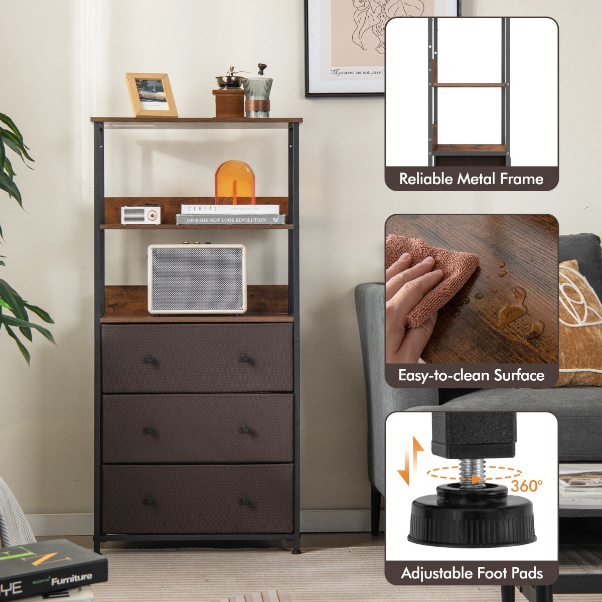 LIVSK Metalen Ladekast 3 Lades - Duurzaam Frame met 2 Anti-Kantelvoorzieningen - Verstelbare Poten - 56,5 x 30 x 117 cm - Rustiek