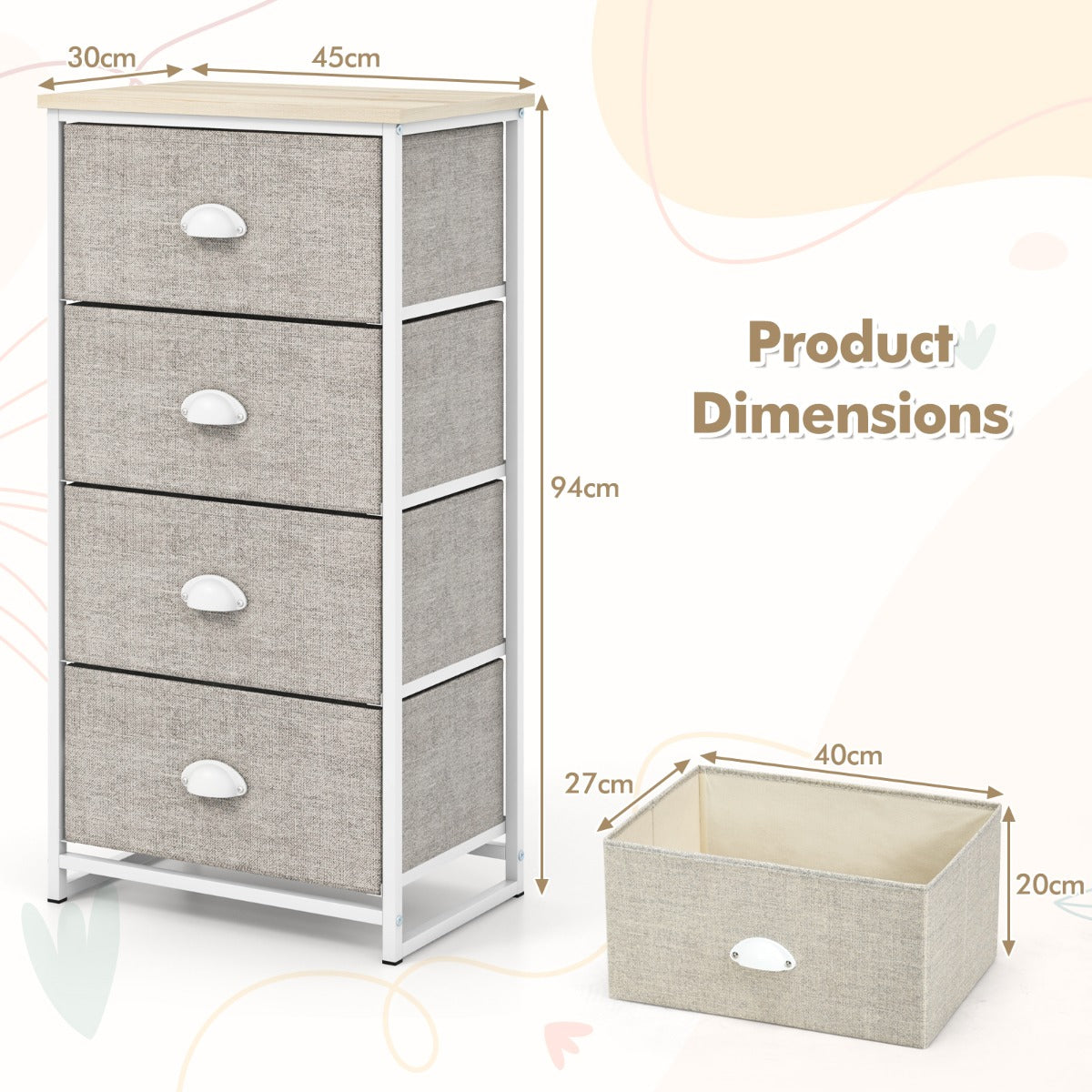 LIVSK Dressoir met 4 Opvouwbare Lades - Stevig Metaal en MDF - Modern Design - Eenvoudige Montage - Wit + Lichtgrijs