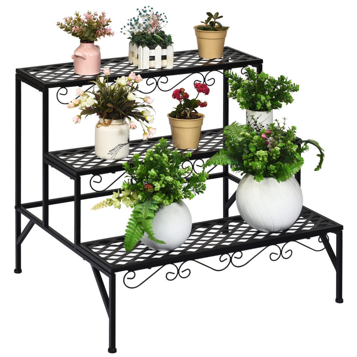 LIVSK Plantenstandaard met 3 Rijen - Stevig Metaal - Roest- en Weerbestendig - Modern Design - 70 x 60 x 60,5 cm - Zwart