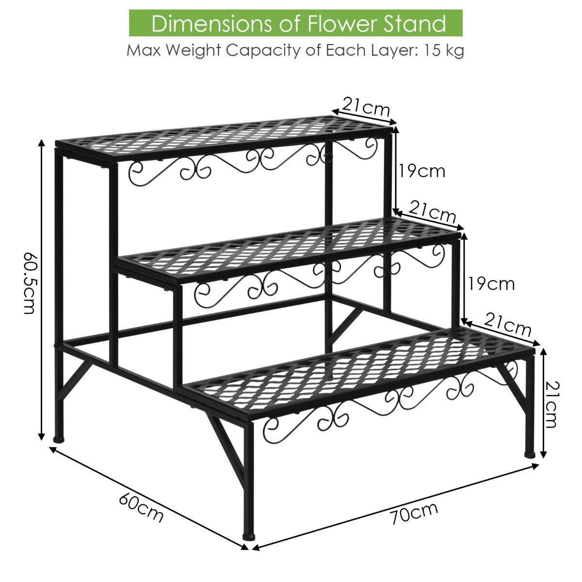 LIVSK Plantenstandaard met 3 Rijen - Stevig Metaal - Roest- en Weerbestendig - Modern Design - 70 x 60 x 60,5 cm - Zwart