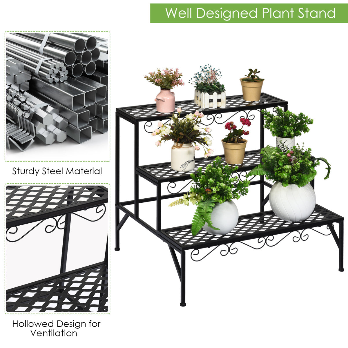 LIVSK Plantenstandaard met 3 Rijen - Stevig Metaal - Roest- en Weerbestendig - Modern Design - 70 x 60 x 60,5 cm - Zwart