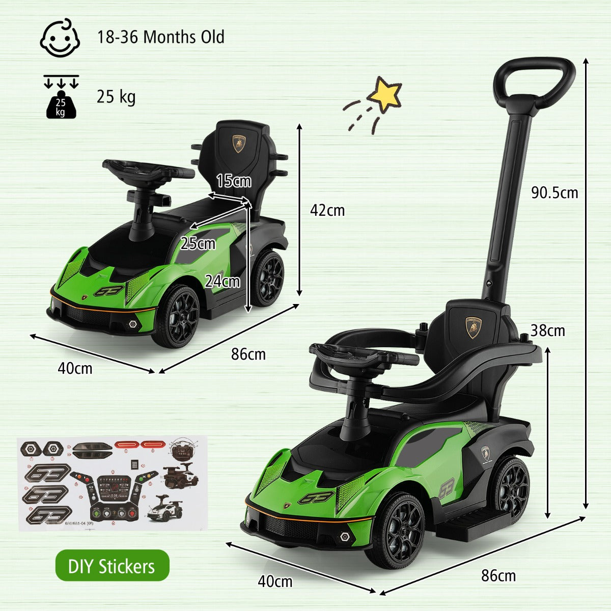 LIVSK 3-in-1 Duwauto voor Kinderen - Loopwagen, Auto, Buggy - Duurzaam PP en Metaal - Tot 25 kg - Groen