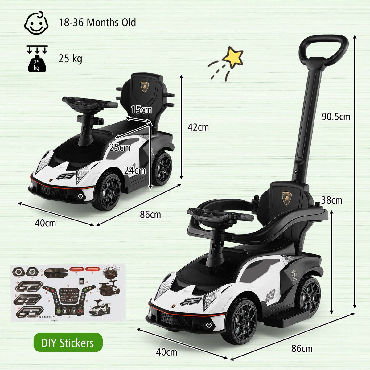 LIVSK 3-in-1 Duwauto - Loopauto, Kinderwagen en Buggy - Veiligheidsrelingen - Interactief Stuurwiel - Tot 25 kg - Wit