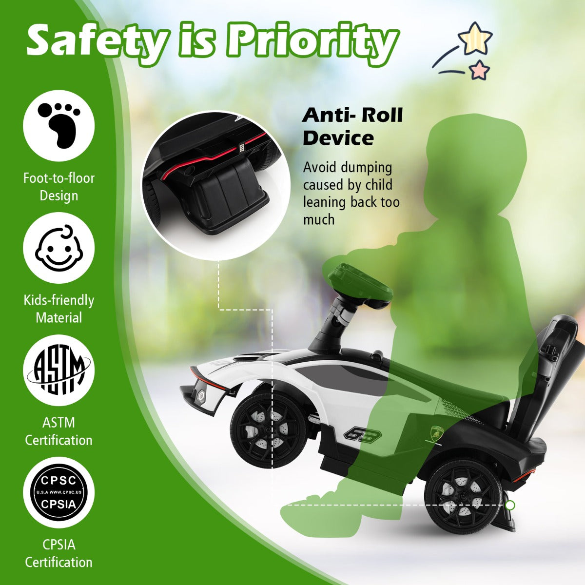 LIVSK 3-in-1 Duwauto - Loopauto, Kinderwagen en Buggy - Veiligheidsrelingen - Interactief Stuurwiel - Tot 25 kg - Wit