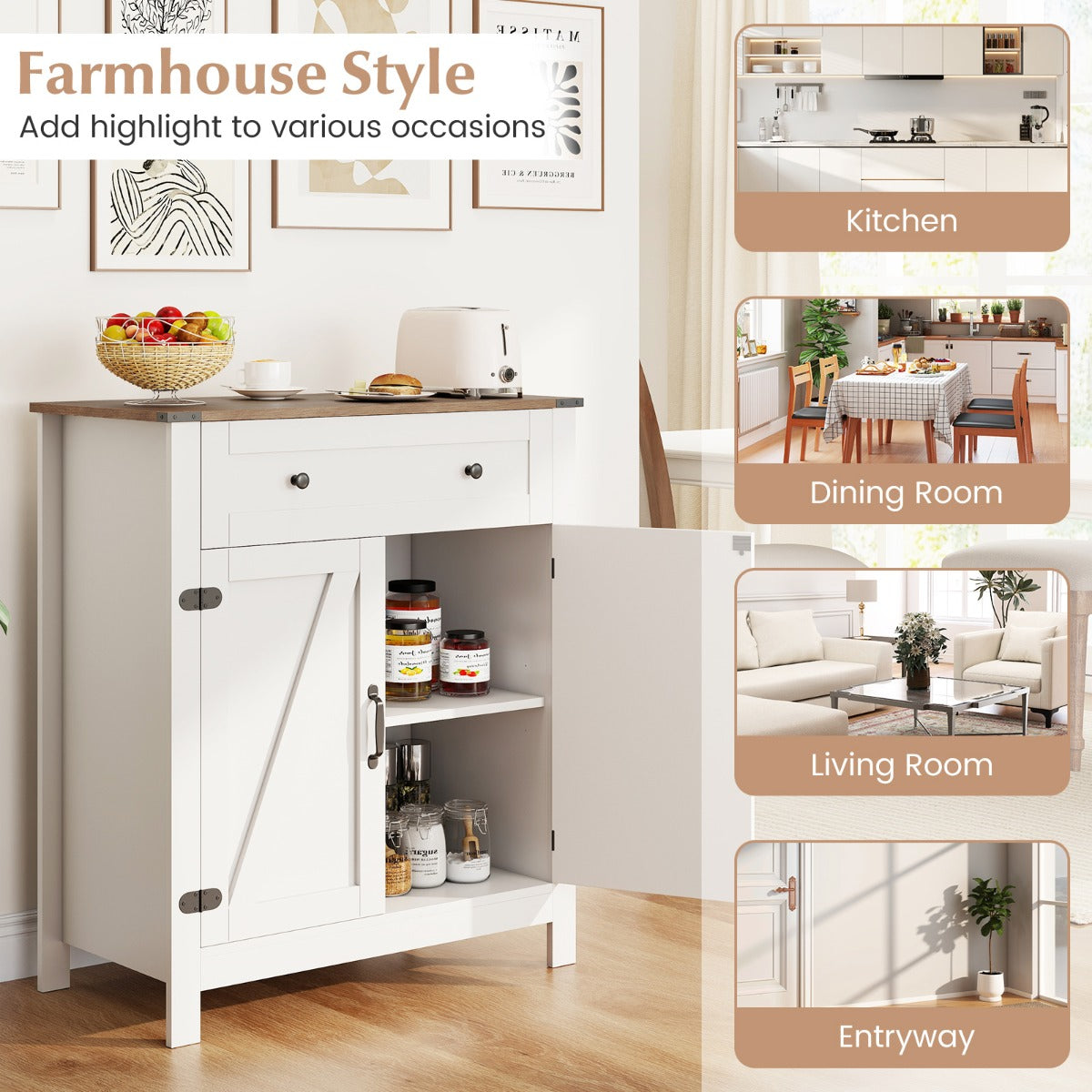 Livsk costway landhuis dressoir buffetkast keukenkast met deuren voorraadkast met lade en verstelbare plank wit 4