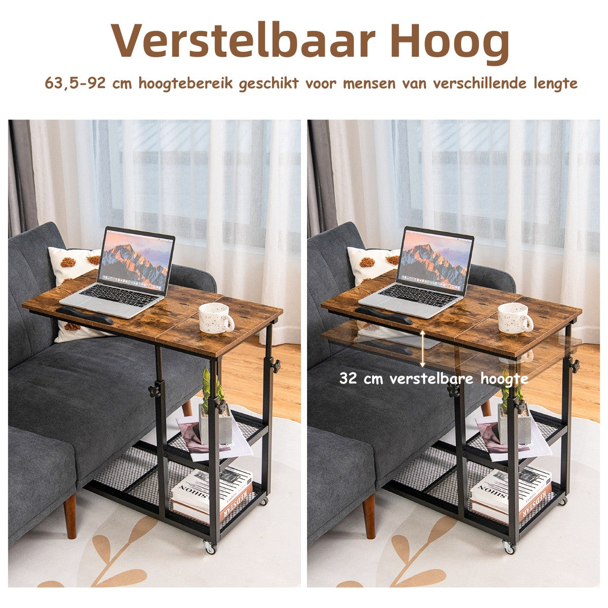 LIVSK Verstelbare Bijzettafel - C-vormig met Neigbaar Tafelblad - Hoogte 63,5-95 cm - 360° Draaibare Wielen - Bruin