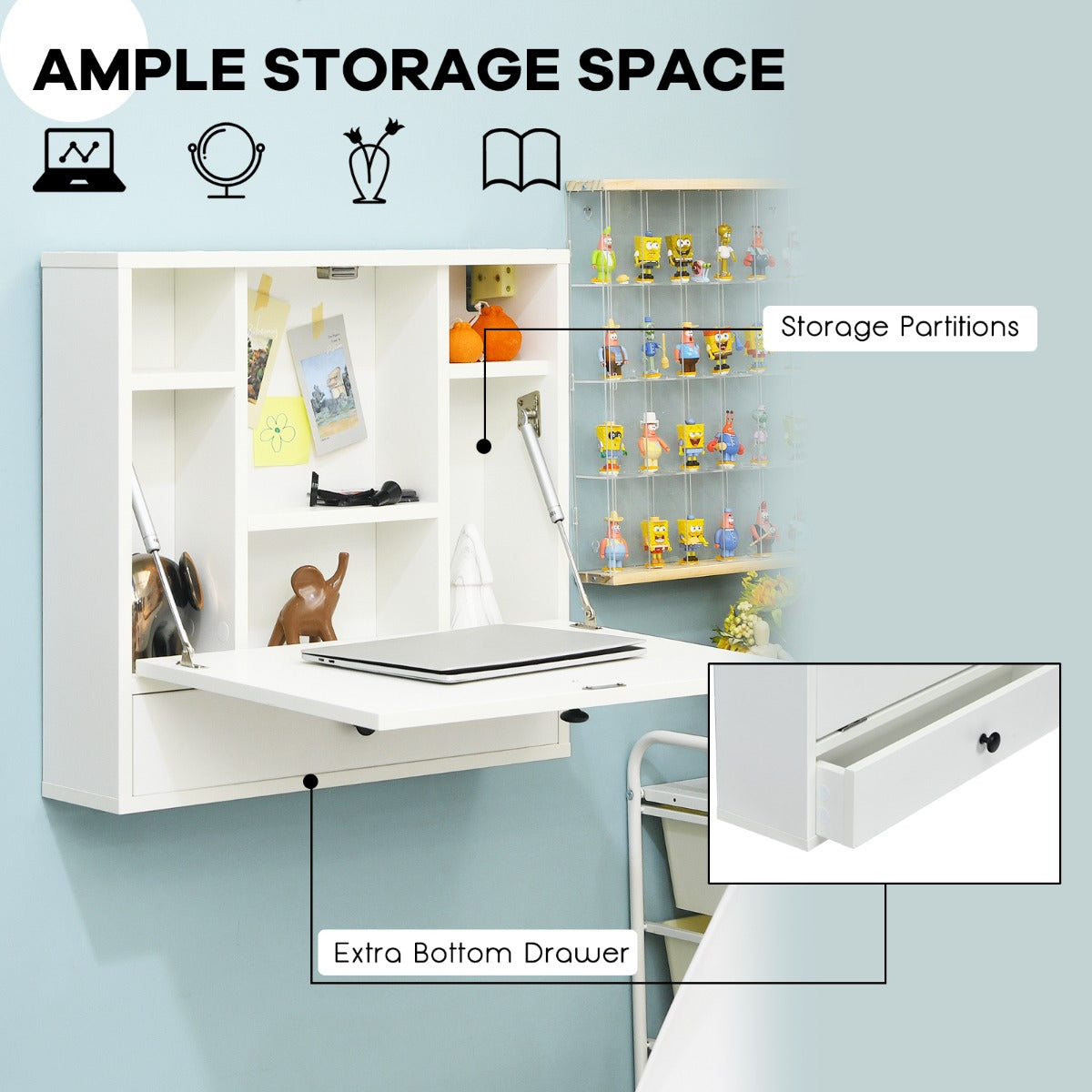 LIVSK Multifunctioneel Wandbureau - Inklapbaar en Ruimtebesparend - 6 Opbergvakken - Duurzaam MDF - Wit