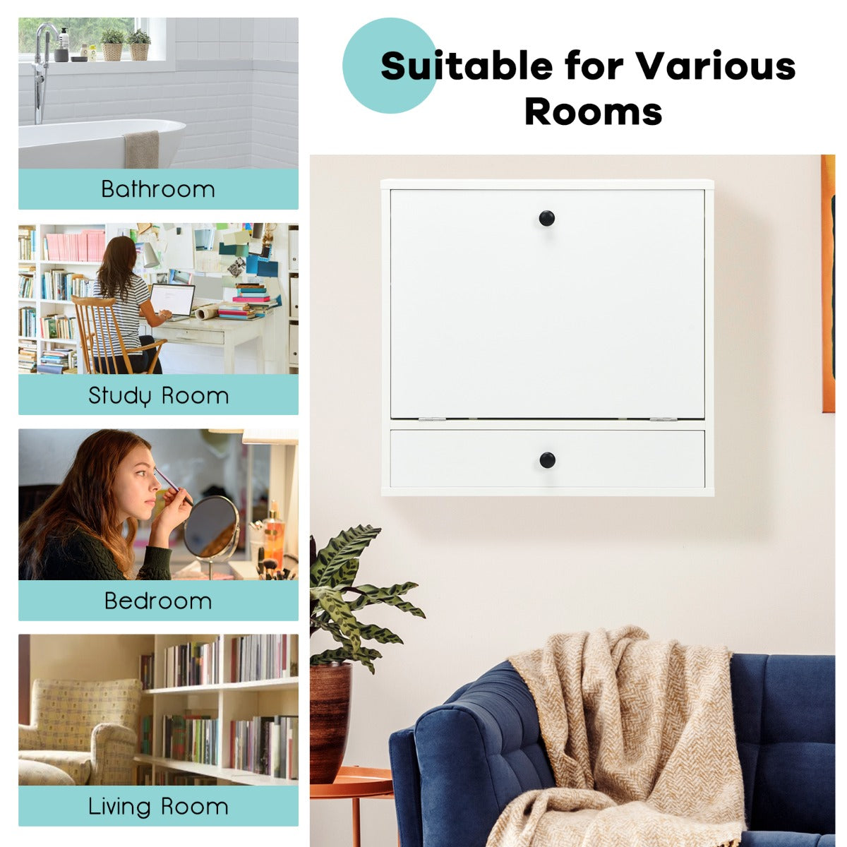 LIVSK Multifunctioneel Wandbureau - Inklapbaar en Ruimtebesparend - 6 Opbergvakken - Duurzaam MDF - Wit