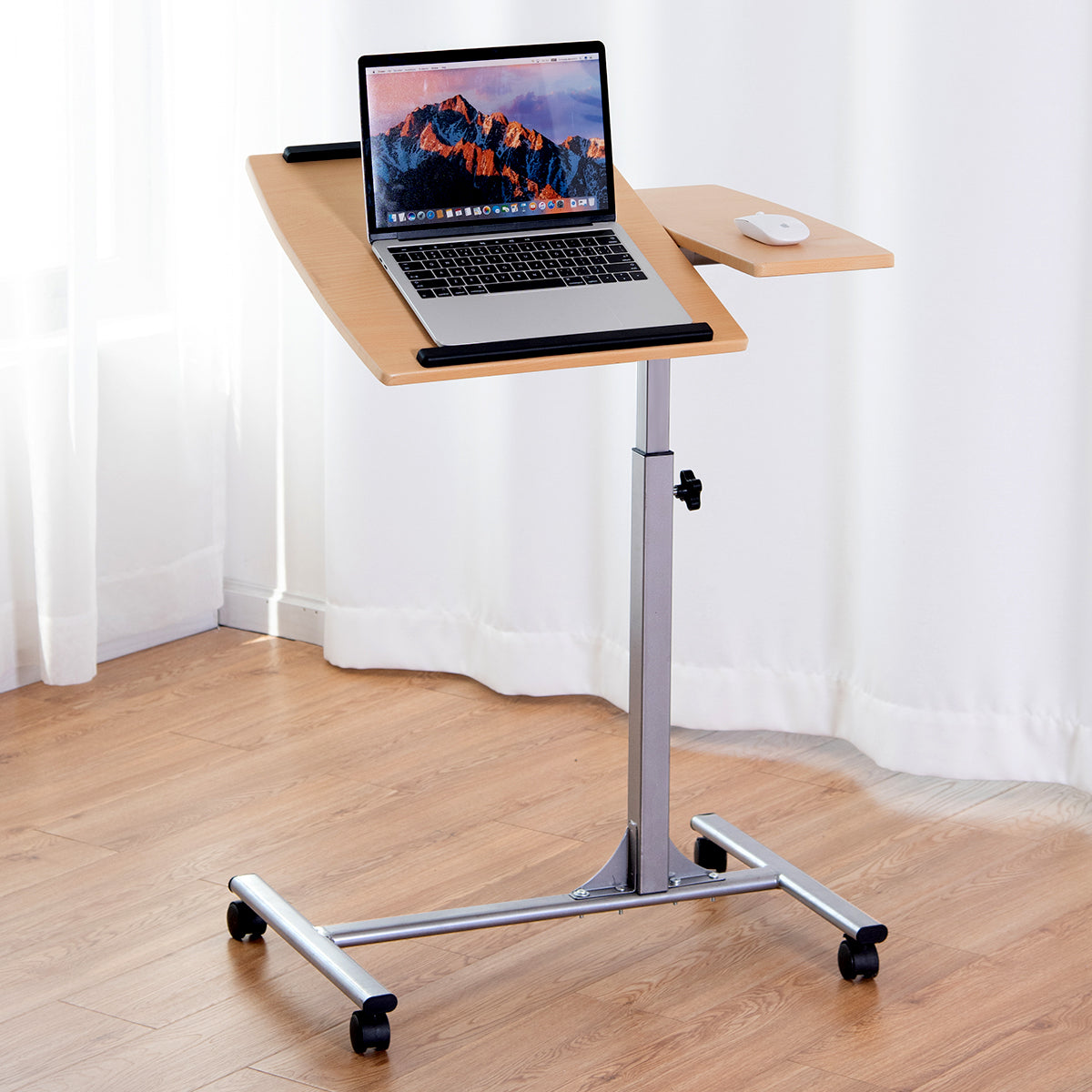 LIVSK Verstelbare Laptoptafel - Draaibaar Tafelblad - Hoogte 64-95 cm - Mobiel met Zwenkwielen - Antislip - Naturel