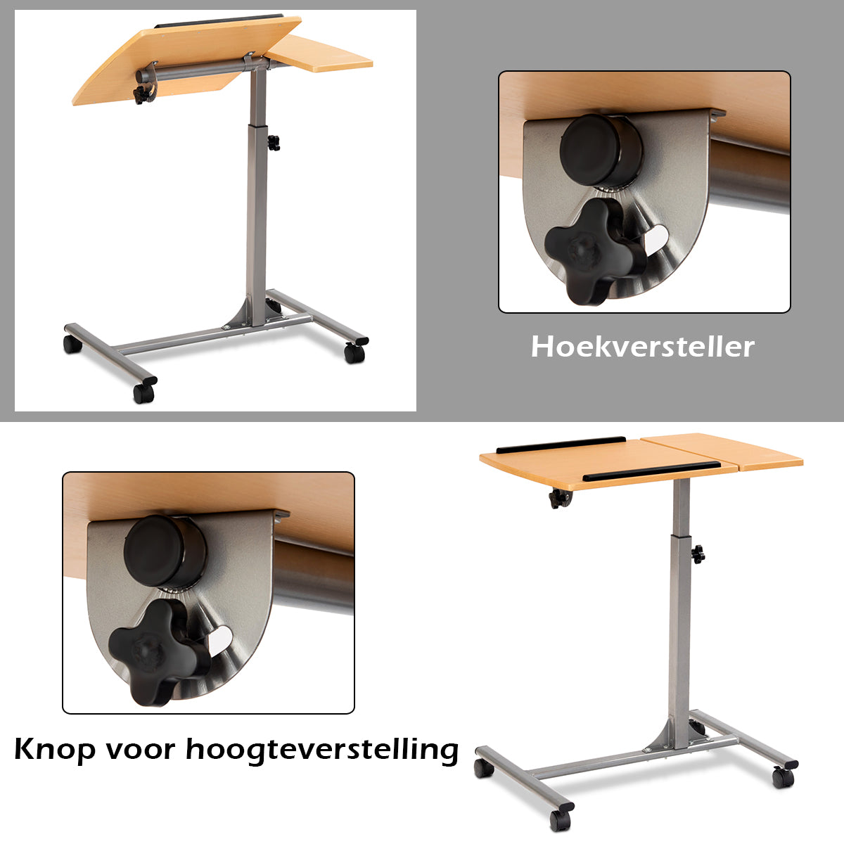 LIVSK Verstelbare Laptoptafel - Draaibaar Tafelblad - Hoogte 64-95 cm - Mobiel met Zwenkwielen - Antislip - Naturel