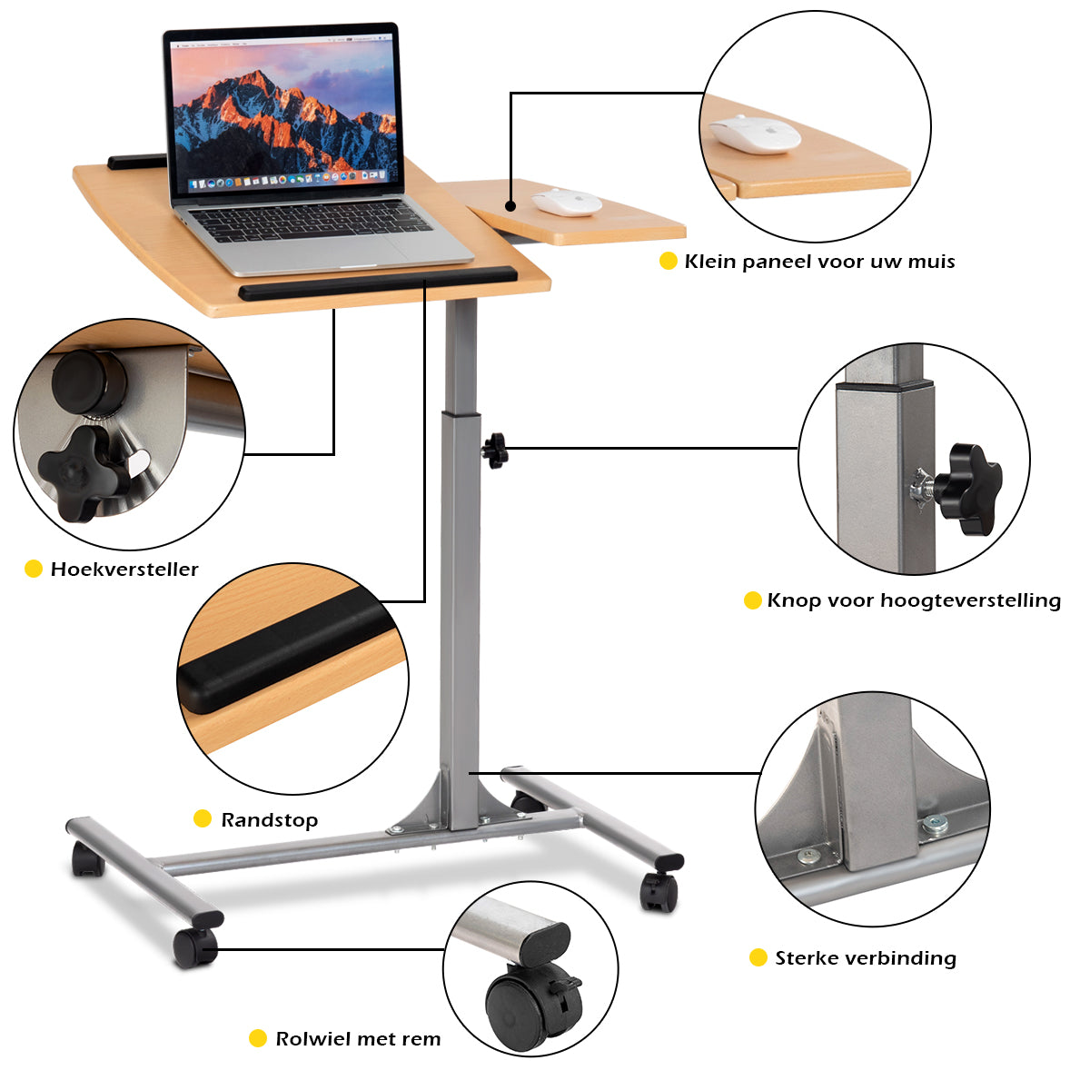 LIVSK Verstelbare Laptoptafel - Draaibaar Tafelblad - Hoogte 64-95 cm - Mobiel met Zwenkwielen - Antislip - Naturel