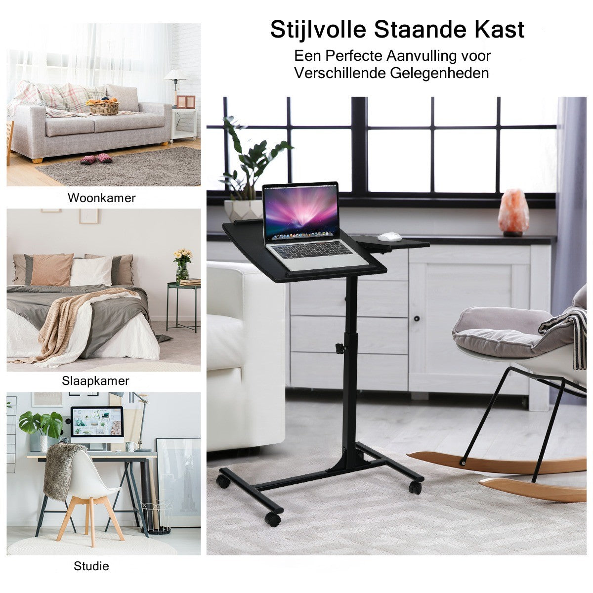 LIVSK Multifunctionele Laptoptafel met Wielen - Verstelbare Hoogte 64-95 cm - Kantelbaar Tafelblad - Antislip - Zwart