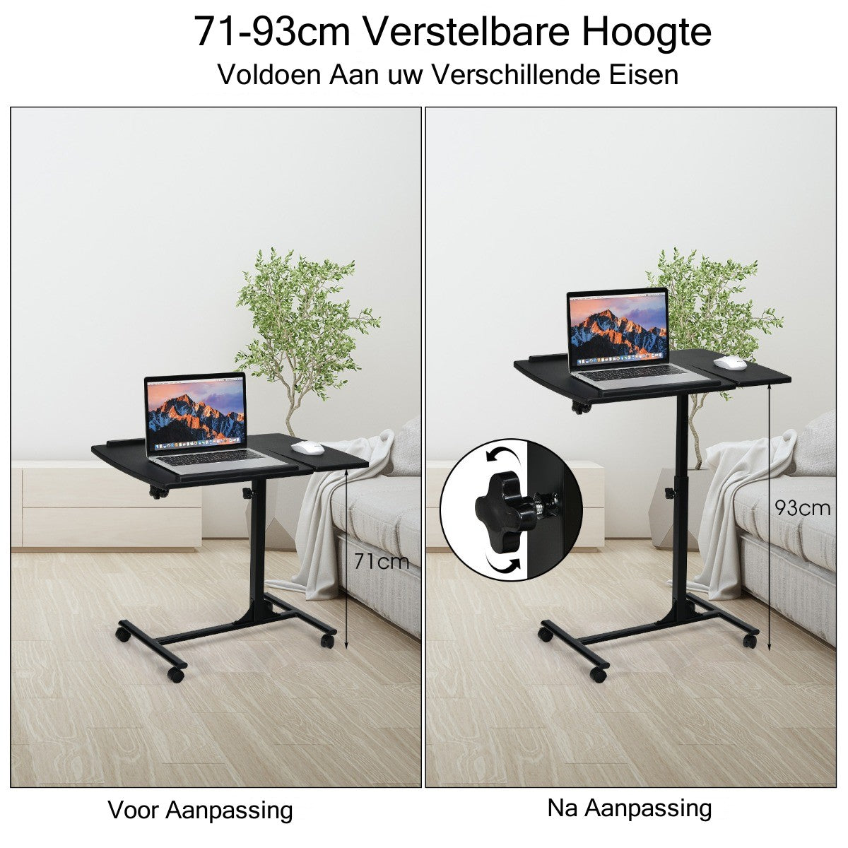 LIVSK Multifunctionele Laptoptafel met Wielen - Verstelbare Hoogte 64-95 cm - Kantelbaar Tafelblad - Antislip - Zwart
