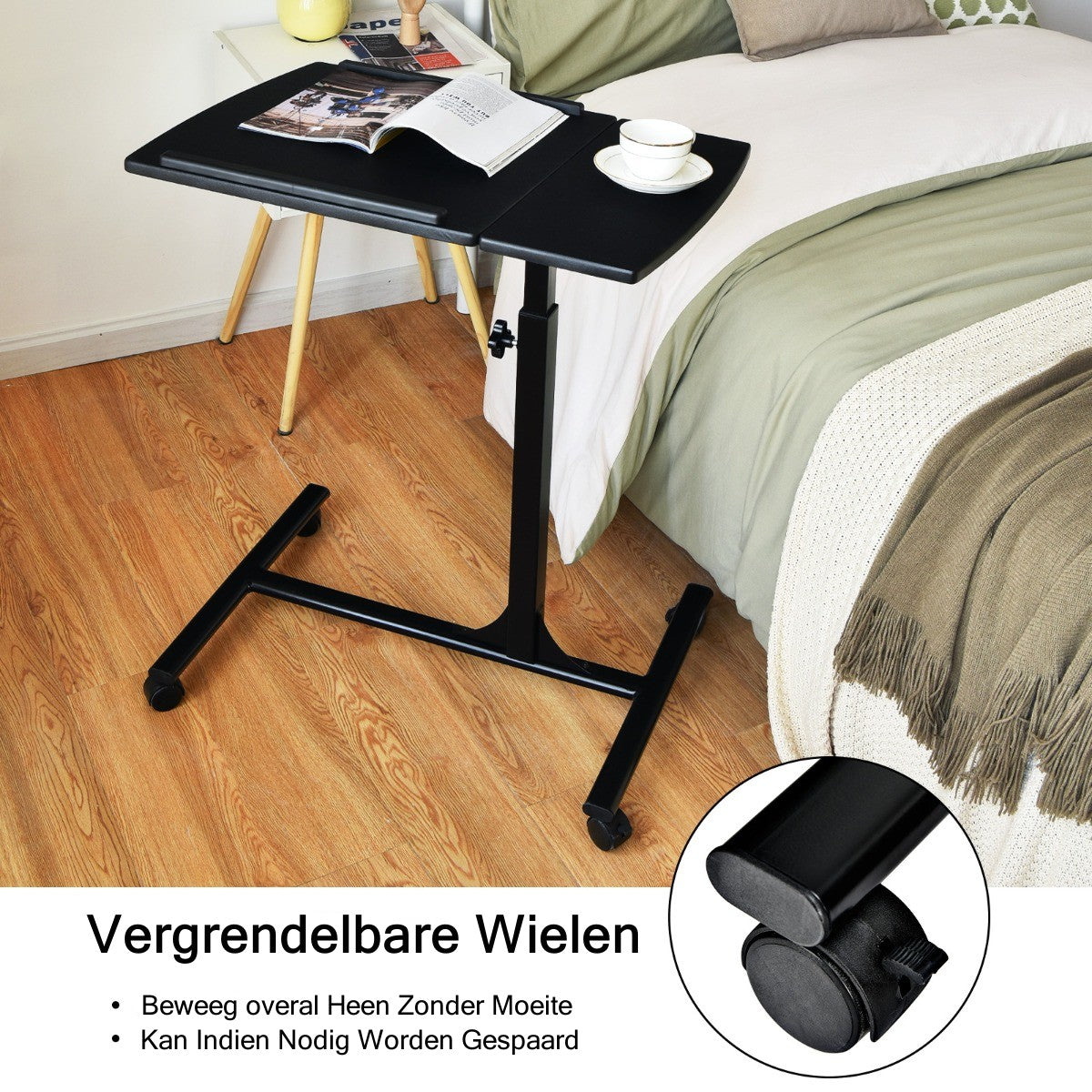 LIVSK Multifunctionele Laptoptafel met Wielen - Verstelbare Hoogte 64-95 cm - Kantelbaar Tafelblad - Antislip - Zwart