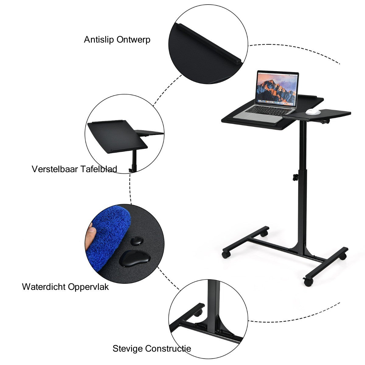 LIVSK Multifunctionele Laptoptafel met Wielen - Verstelbare Hoogte 64-95 cm - Kantelbaar Tafelblad - Antislip - Zwart