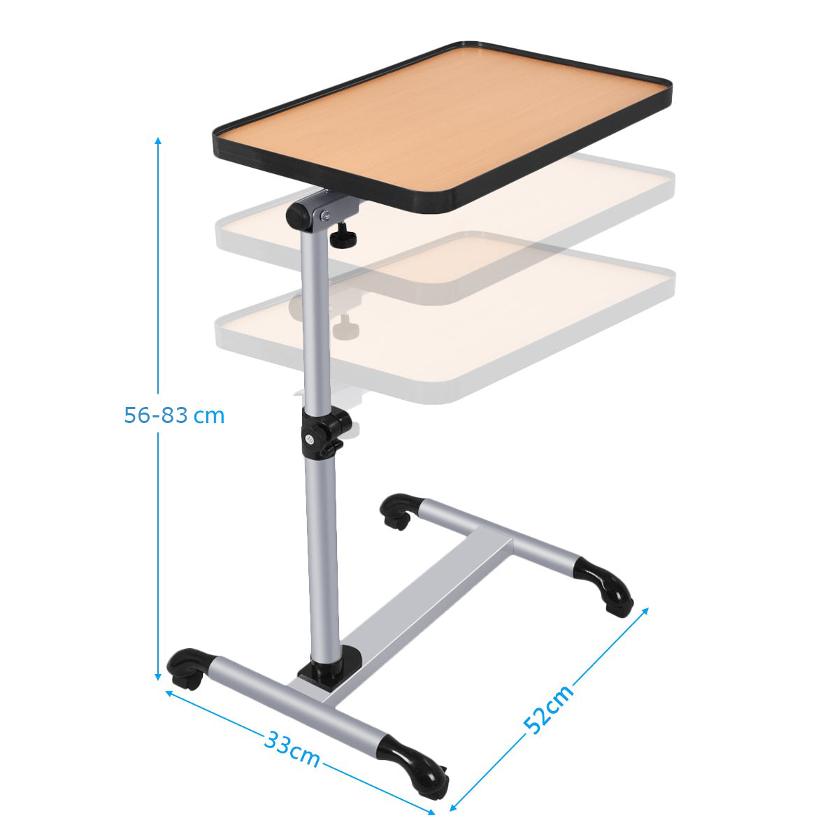 LIVSK Boven Bed Tafel - Verstelbaar in Hoogte - Met Wielen - Ruimtebesparend C-vormig Ontwerp - 52 x 33 x (56-83) cm - Zwart