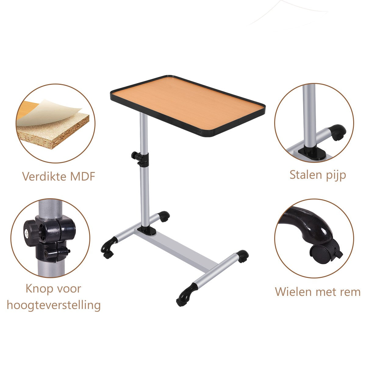 LIVSK Boven Bed Tafel - Verstelbaar in Hoogte - Met Wielen - Ruimtebesparend C-vormig Ontwerp - 52 x 33 x (56-83) cm - Zwart