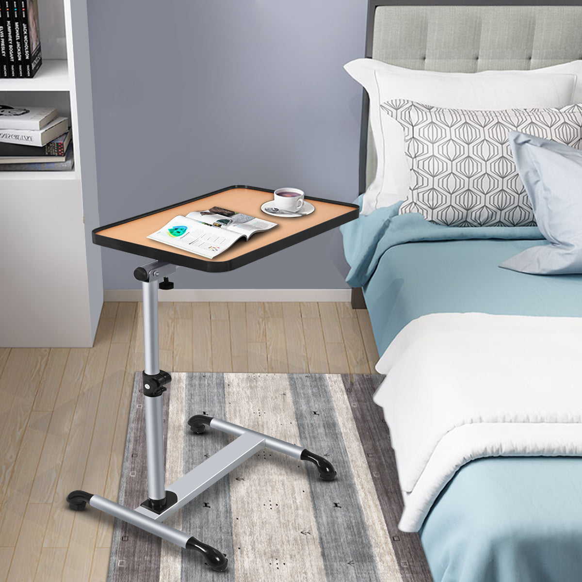 LIVSK Boven Bed Tafel - Verstelbaar in Hoogte - Met Wielen - Ruimtebesparend C-vormig Ontwerp - 52 x 33 x (56-83) cm - Zwart