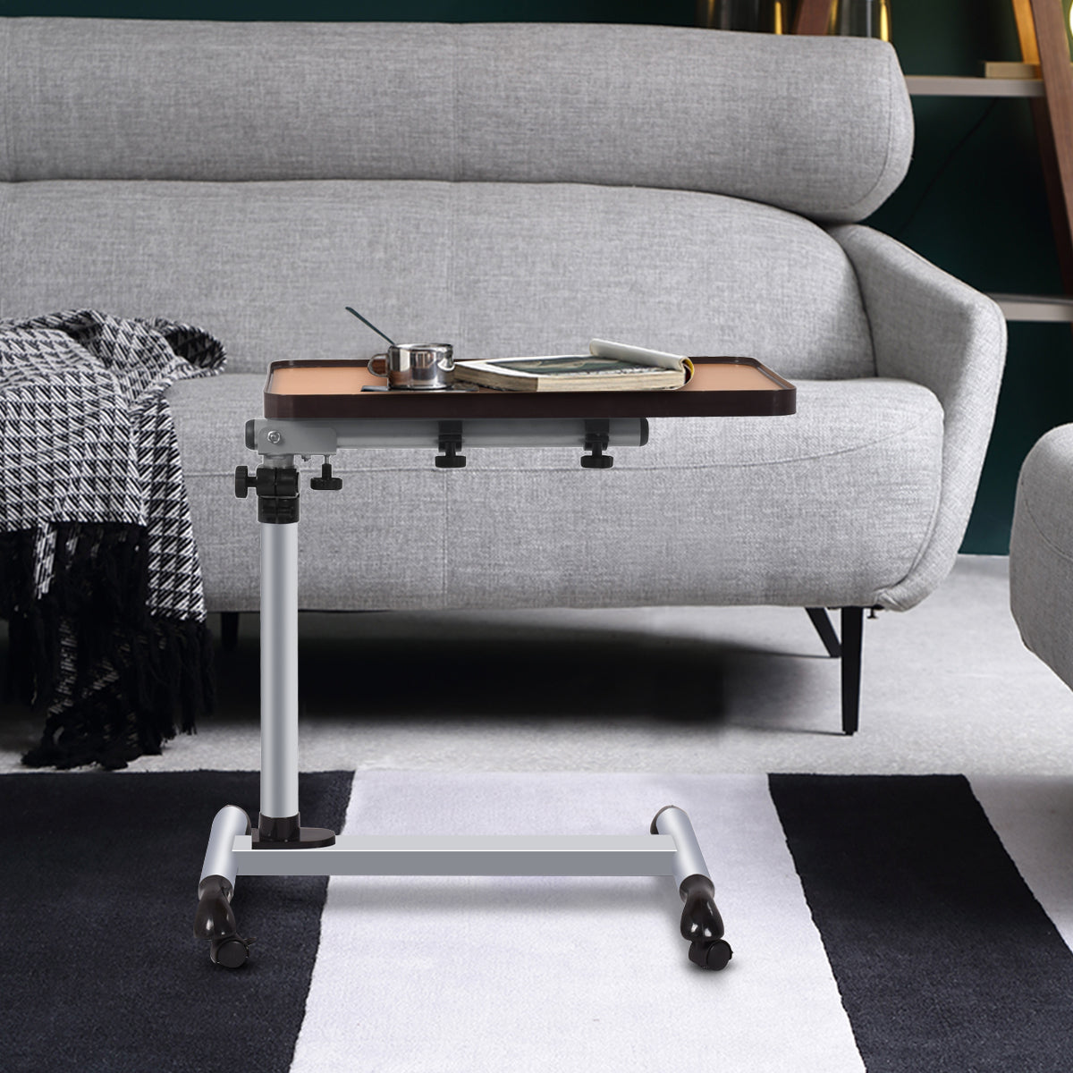 LIVSK Boven Bed Tafel - Verstelbaar in Hoogte - Met Wielen - Ruimtebesparend C-vormig Ontwerp - 52 x 33 x (56-83) cm - Zwart