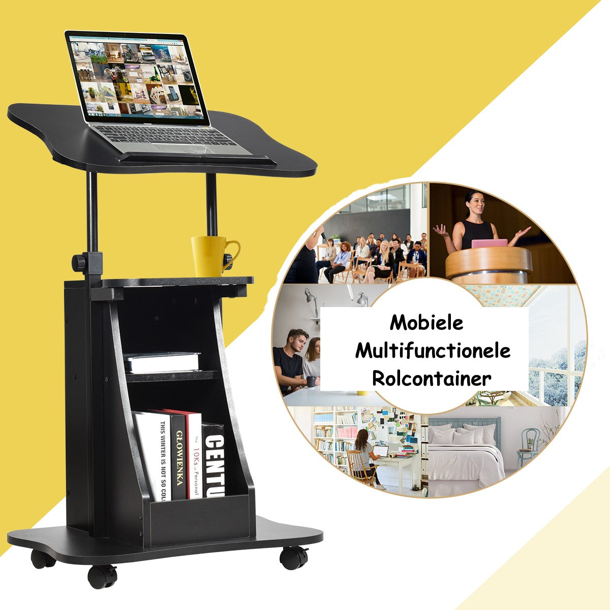 LIVSK Laptopkar - Verstelbare Hoogte 66-110 cm - Kantelbaar Bureaublad - 2 Opbergvakken - Mobiel met Wielen - Zwart