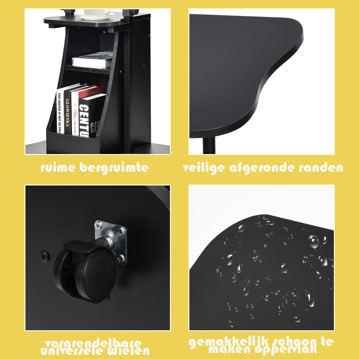 LIVSK Laptopkar - Verstelbare Hoogte 66-110 cm - Kantelbaar Bureaublad - 2 Opbergvakken - Mobiel met Wielen - Zwart