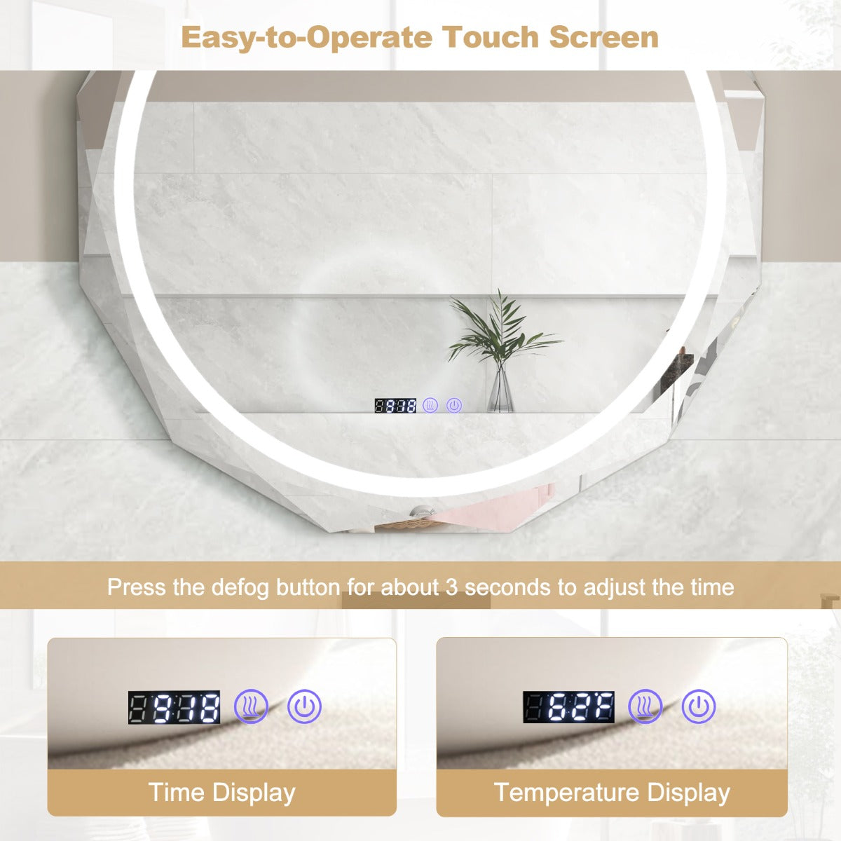 LIVSK Led-Wandspiegel - Anti-Condens - 3 Lichtkleuren - Geheugenfunctie - Onbreekbaar - Touchscreen - 76 x 76 x 3,5 cm - Zilver