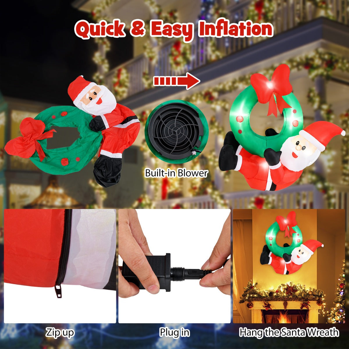 Livsk costway led kerstboom 280 en opblaasbare kerstman krans kunstmatige boom 183 cm en kerstkrans met rode strik 6