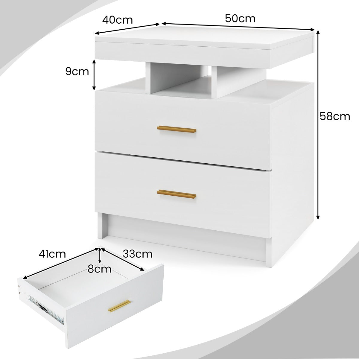 LIVSK LED-nachtkastje - Hoogglans met 2 lades - Instelbare verlichting met afstandsbediening - 50 x 40 x 58 cm - Wit