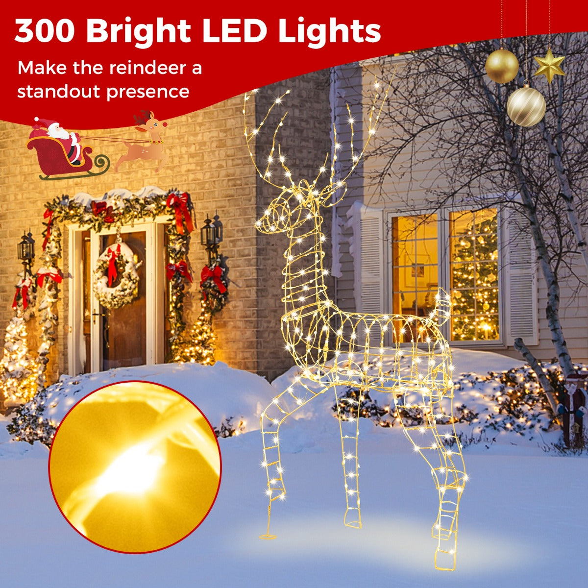 LIVSK Verlicht Kerstrendier - 186 cm - 300 Warmwitte LED-lampen - Weerbestendig - Eenvoudig te monteren - Wit
