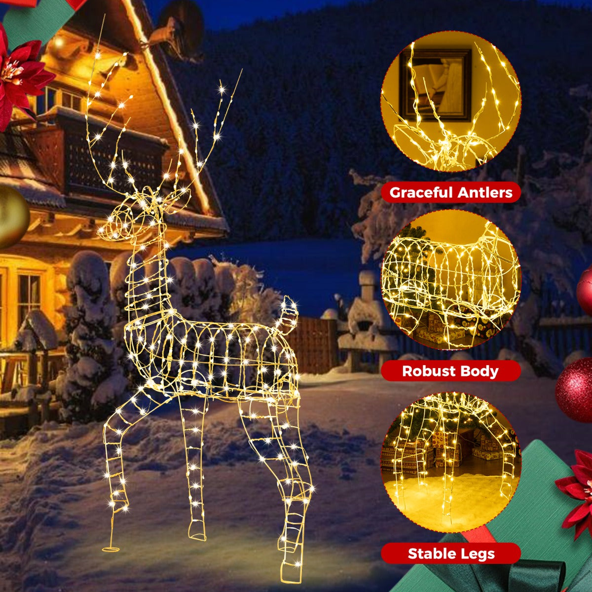 LIVSK Verlicht Kerstrendier - 186 cm - 300 Warmwitte LED-lampen - Weerbestendig - Eenvoudig te monteren - Wit