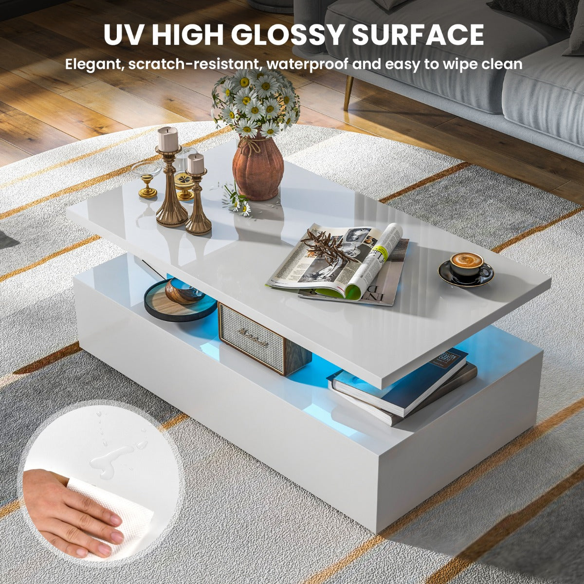 LIVSK LED-salontafel - Verstelbare Lichtkleuren - Afstandsbediening - Hoogglans Wit - 110 x 60 x 40 cm - Wit