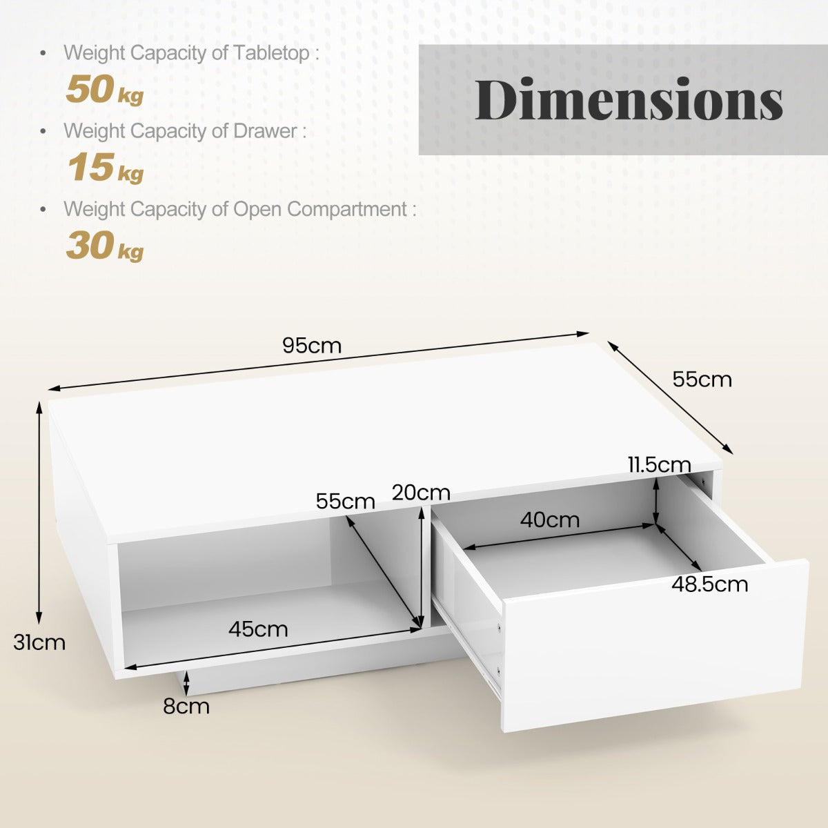 LIVSK LED-salontafel - Modern Design met 20 Kleuren en 5 Modi - Praktische Opbergruimte - 95 x 55 x 31 cm - Wit/Zwart