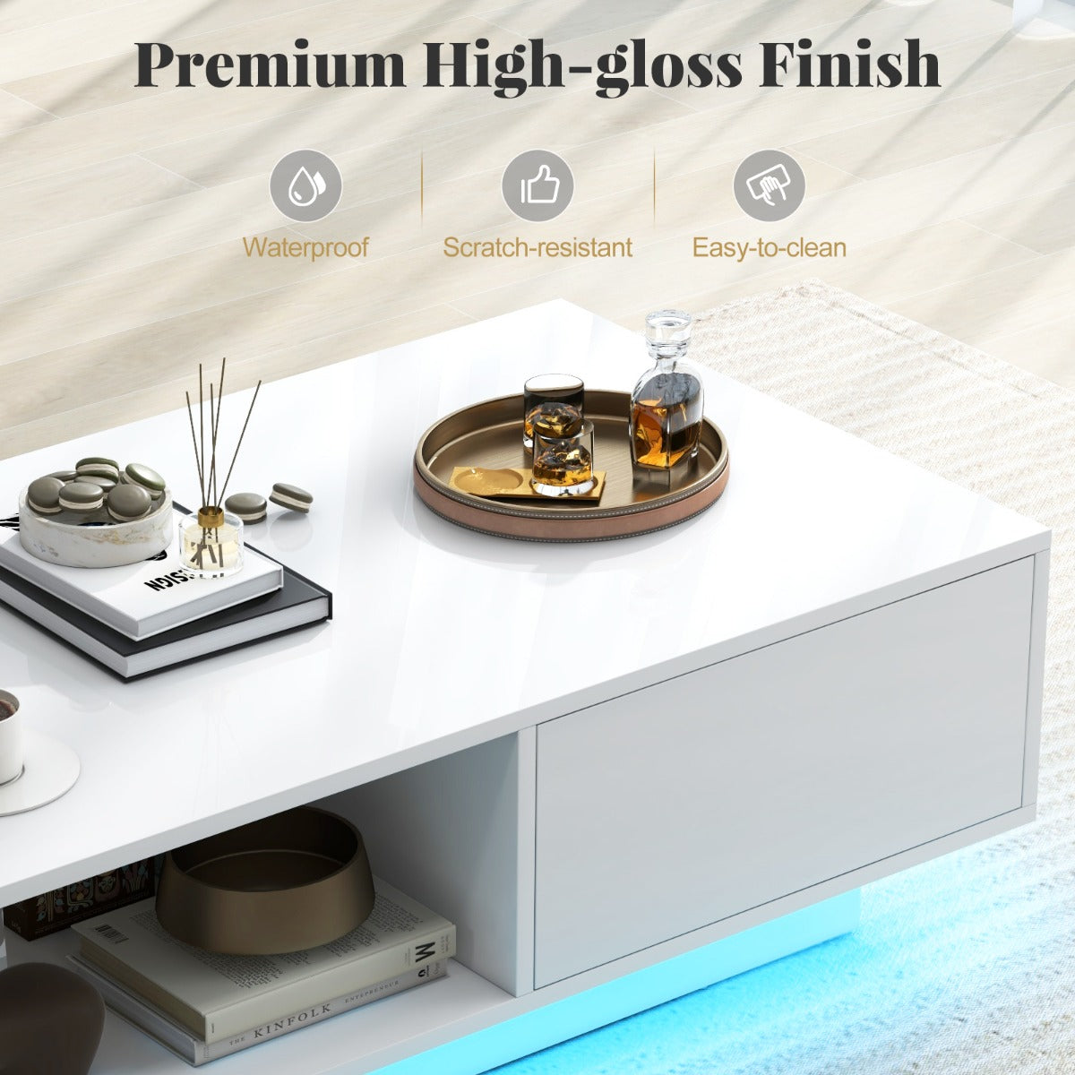 LIVSK LED-salontafel - Modern Design met 20 Kleuren en 5 Modi - Praktische Opbergruimte - 95 x 55 x 31 cm - Wit/Zwart