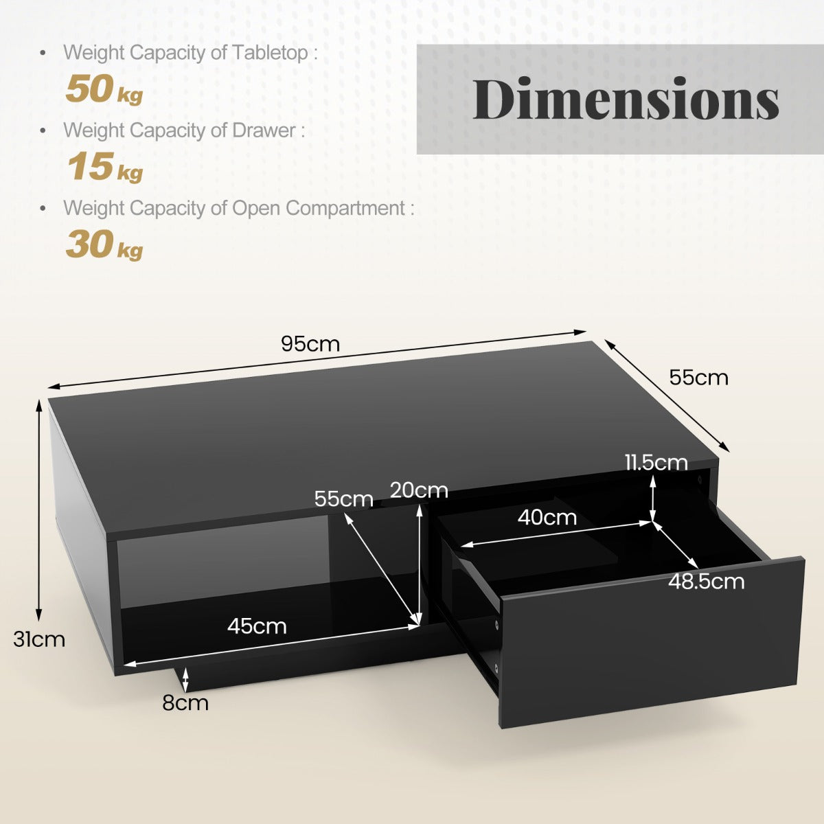 LIVSK LED-salontafel met Afstandsbediening - 20 Kleuren en 22 Modi - Opberglade - Hoogglans - 95 x 55 x 31 cm - Wit/Zwart