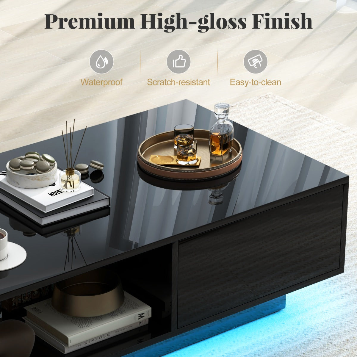 LIVSK LED-salontafel met Afstandsbediening - 20 Kleuren en 22 Modi - Opberglade - Hoogglans - 95 x 55 x 31 cm - Wit/Zwart
