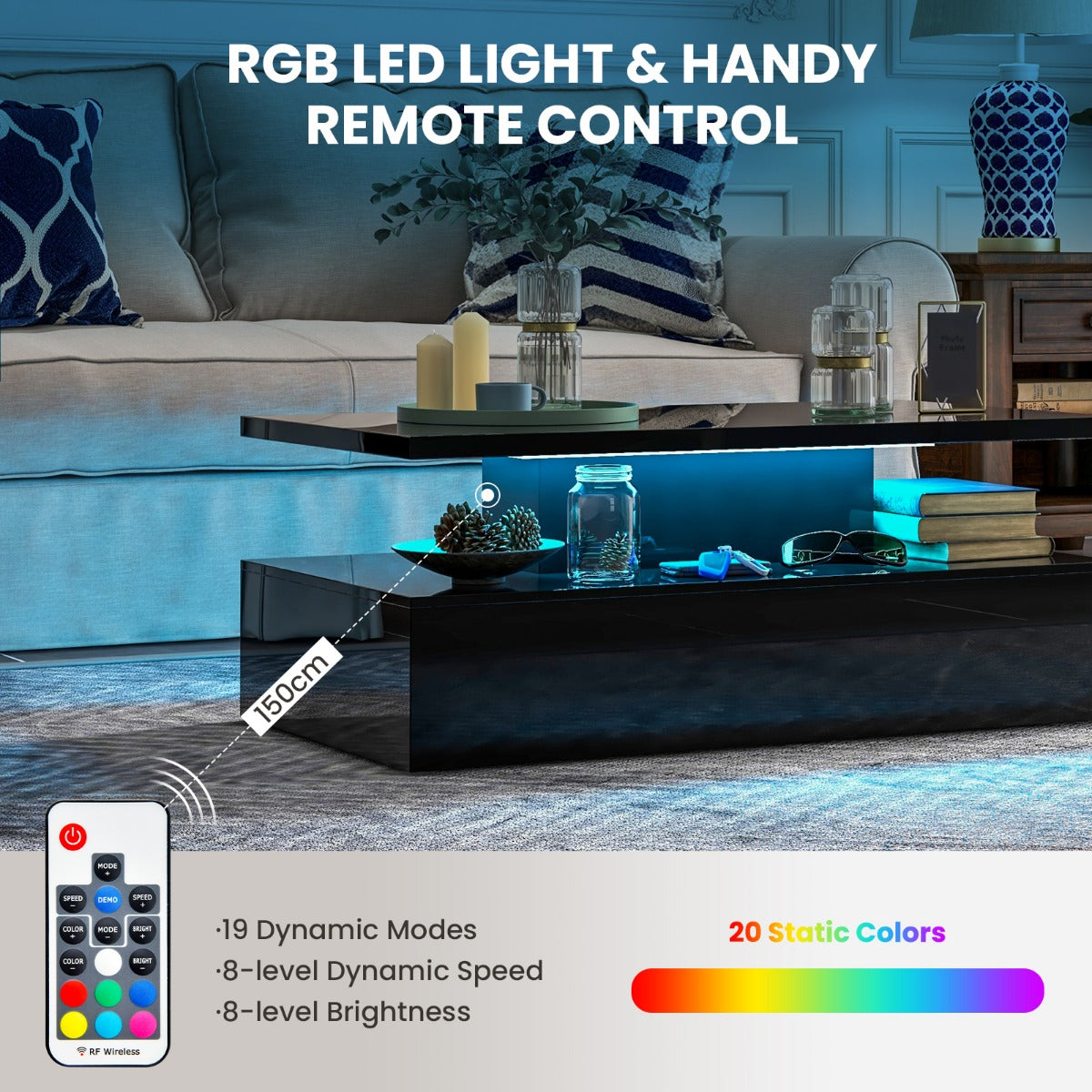 LIVSK LED-salontafel met Afstandsbediening - 20 Kleuren - 19 Modi - 2 Niveaus - Stijlvol Zwart - 110 x 60 x 40 cm