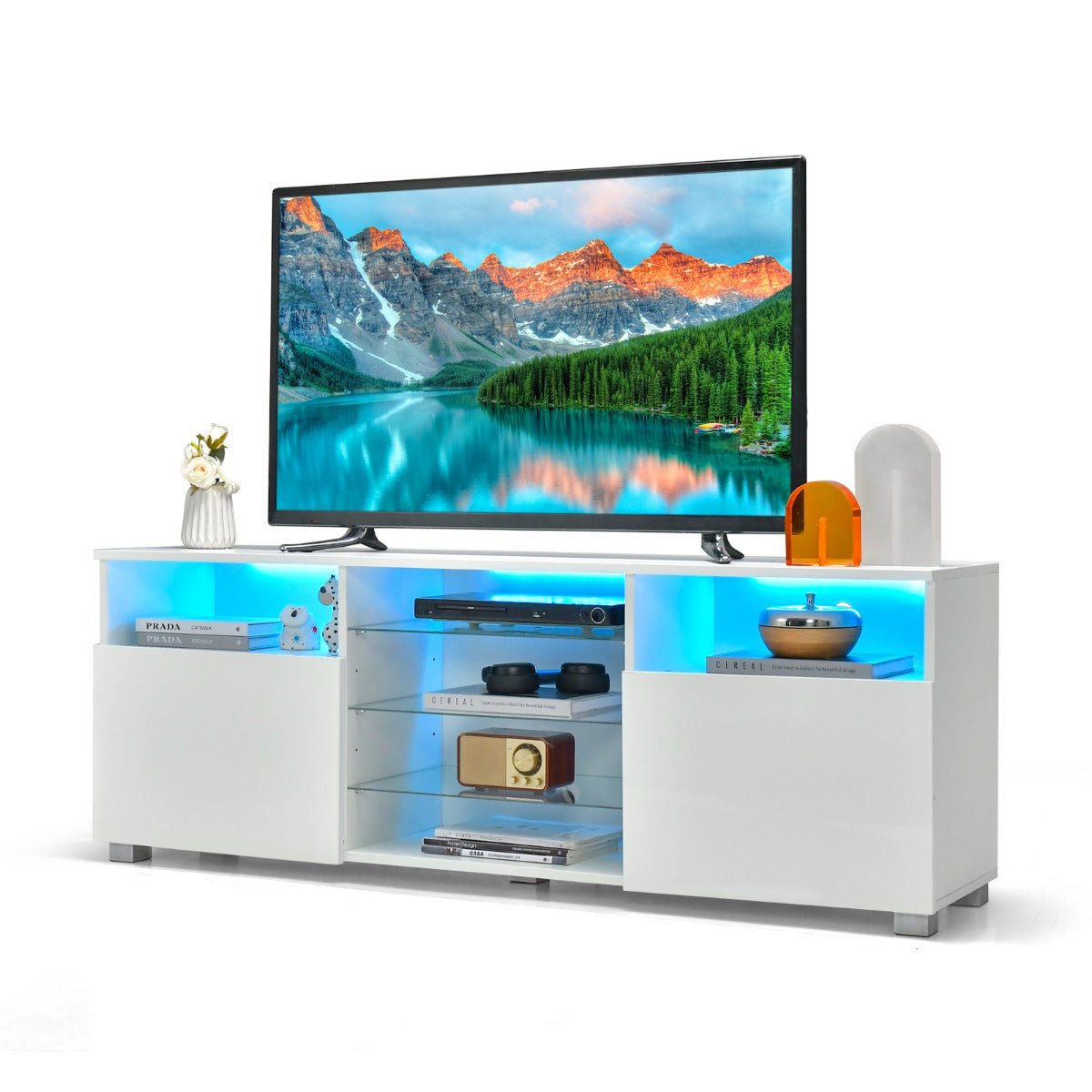 LIVSK LED-tv-tafel - Makkelijk kabelmanagement - 22 Modi en 20 Kleuren - 5 Glazen Planken - Geschikt voor 65 inch - Wit