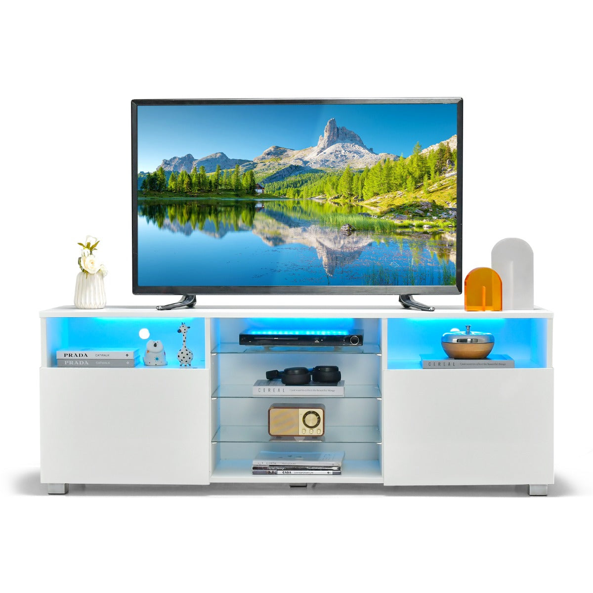 LIVSK LED-tv-tafel - Makkelijk kabelmanagement - 22 Modi en 20 Kleuren - 5 Glazen Planken - Geschikt voor 65 inch - Wit