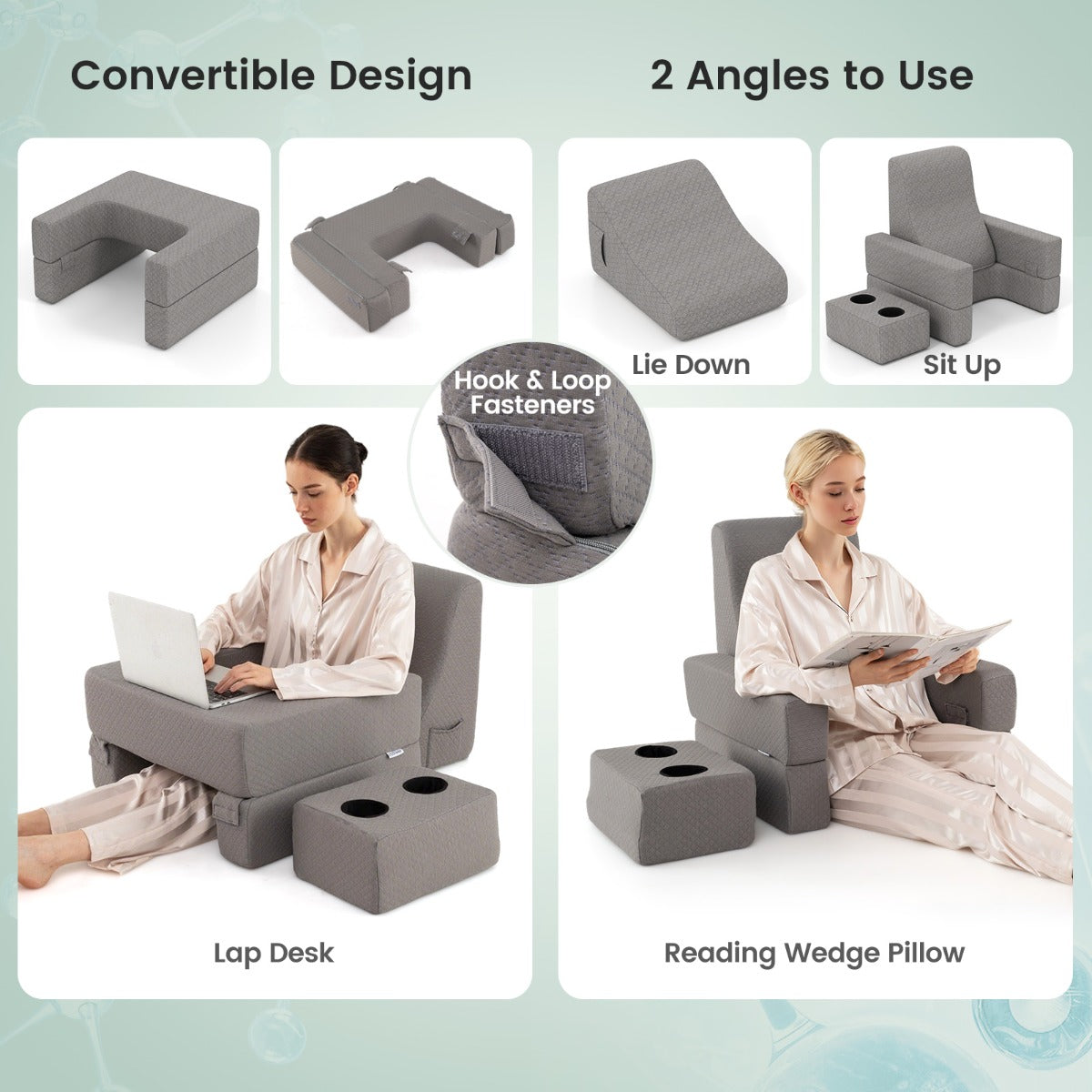 LIVSK Leeskussen-set met Bekerhouder - Ergonomisch Rugkussen en Oversized Schoottafel - Ademend en Wasbaar - Grijs