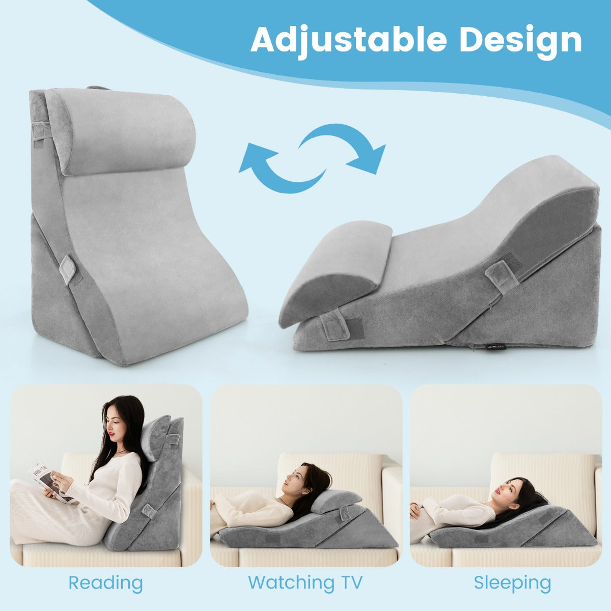 LIVSK Ergonomische Gecompenseerde Kussenset - Verlicht Snurken en Zure Reflux - Machinewasbare Hoes - 3 Stuks - Grijs