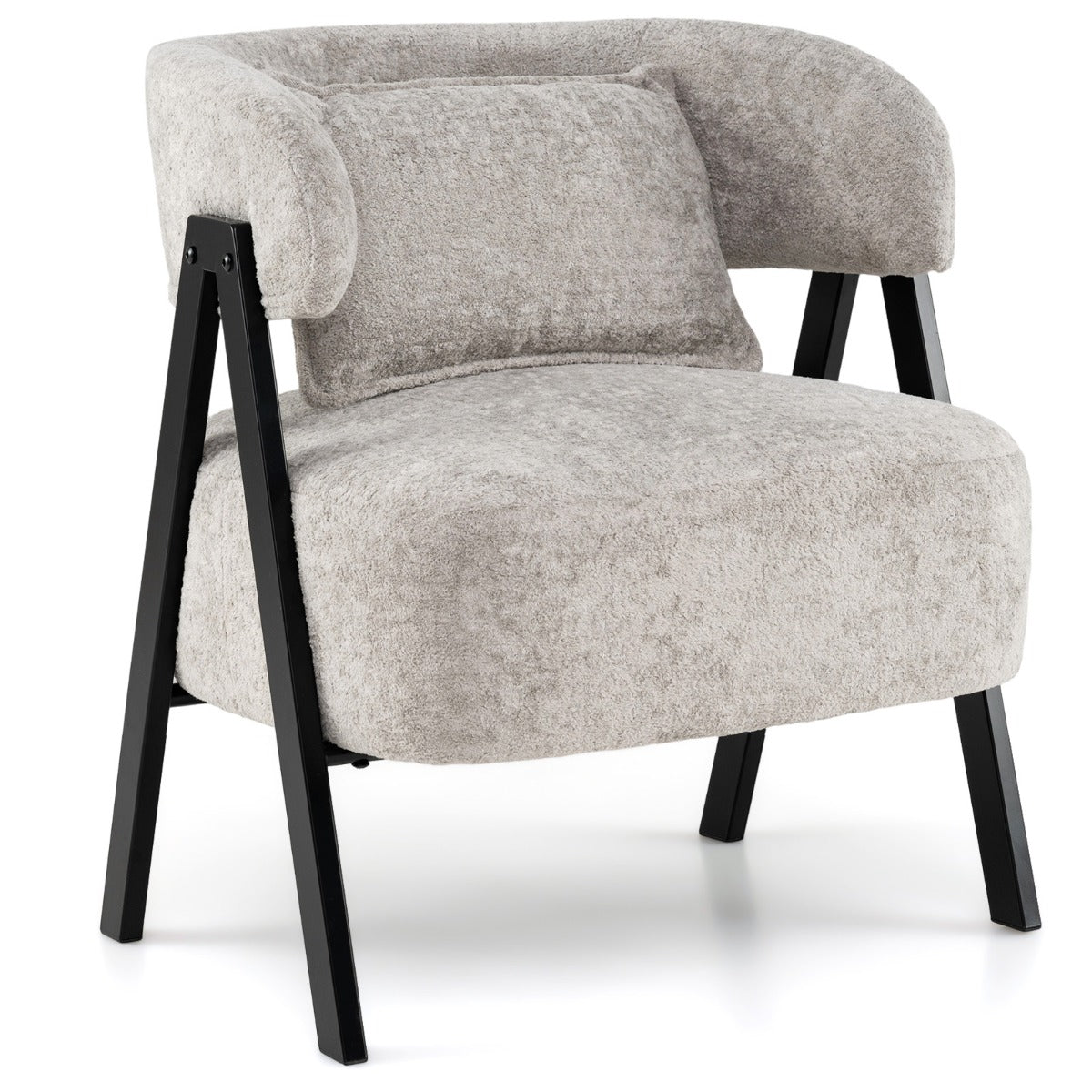 Livsk costway leesstoel fauteuil bekleed met kunstbont loungestoel met lendenkussen en metalen poten moderne relaxfauteuil grijs
