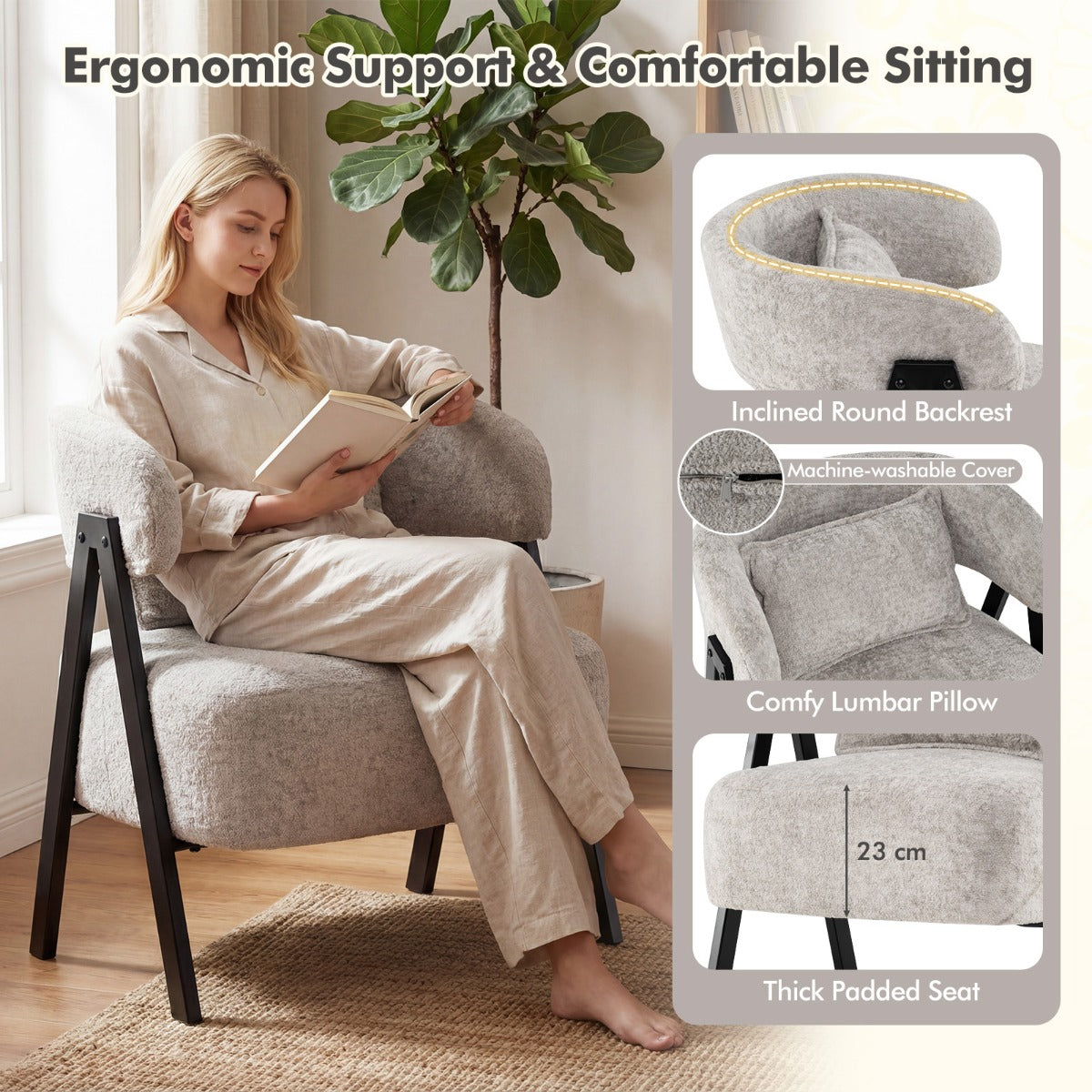 Livsk costway leesstoel fauteuil bekleed met kunstbont loungestoel met lendenkussen en metalen poten moderne relaxfauteuil grijs 3